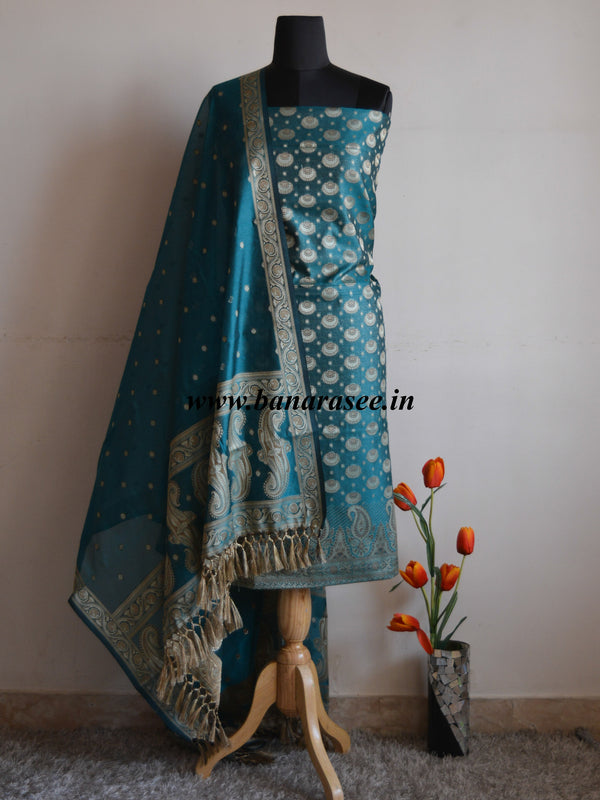 Banarasee/Banarasi Salwar Kameez Cotton Silk Resham Woven With Buti Design Fabric-Deep Green