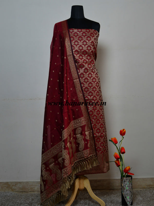 Banarasee/Banarasi Salwar Kameez Cotton Silk Resham Jaal Woven Fabric-Red