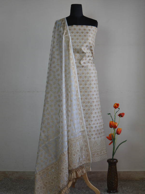 Banarasee/Banarasi Salwar Kameez Cotton Silk Resham Buti Woven Fabric-White