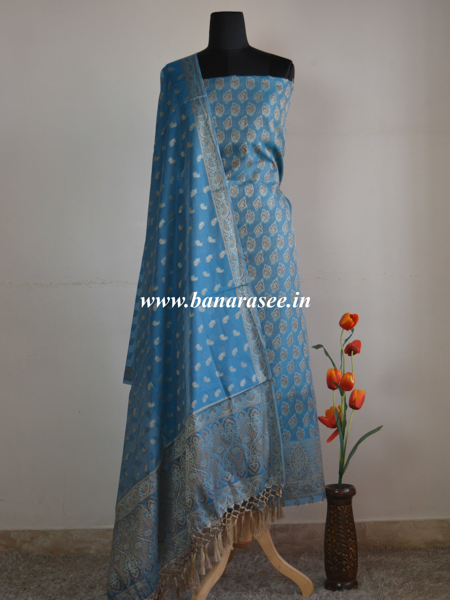 Banarasee/Banarasi Salwar Kameez Cotton Silk Resham Buti Woven Fabric-Cobalt Blue