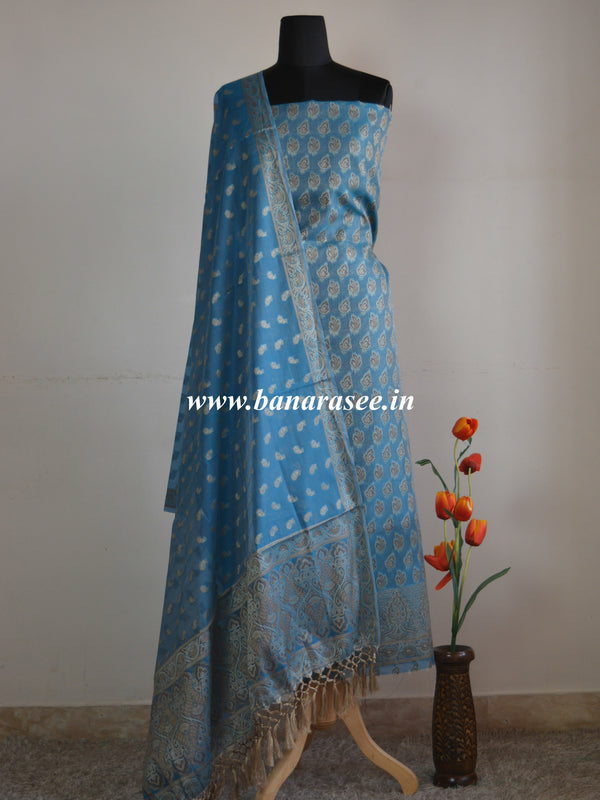 Banarasee/Banarasi Salwar Kameez Cotton Silk Resham Buti Woven Fabric-Cobalt Blue