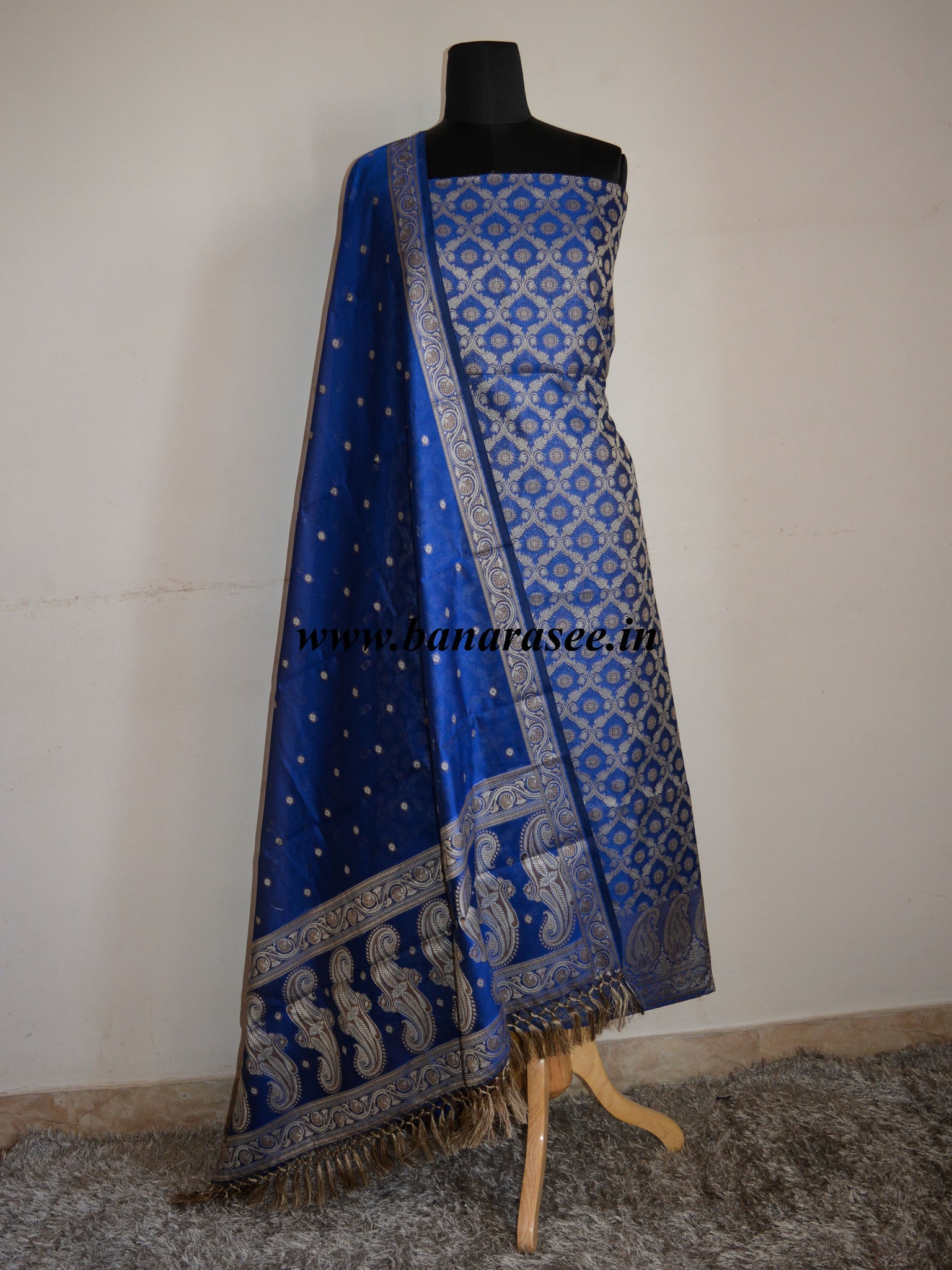 Banarasee/Banarasi Salwar Kameez Cotton Silk Resham Woven Fabric-Royal Blue