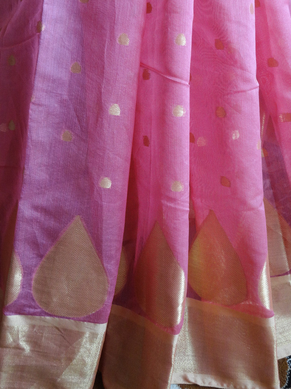 Banarasee Chanderi Cotton Gold Buti Saree- Pink