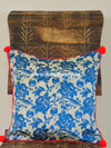 Banarasee Resham Brocade Piping & Pom-Pom Detail Cushion Cover-Beige & Blue