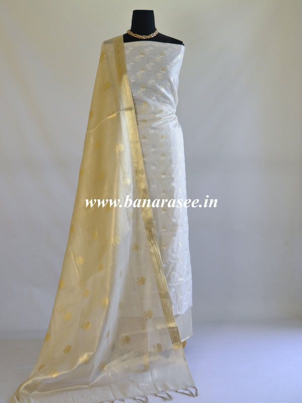 Banarasee Pure Handloom Chanderi Salwar Kameez Fabric With Gold Tissue Dupatta-White