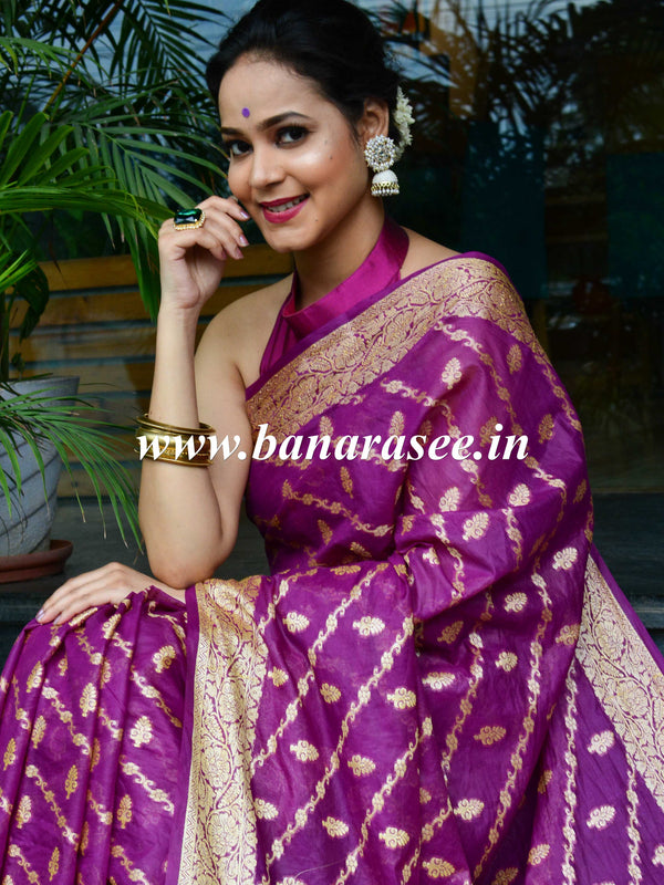 Banarasee Handwoven Semi-Chiffon Saree With Bel Design & Broad Floral Border-Violet
