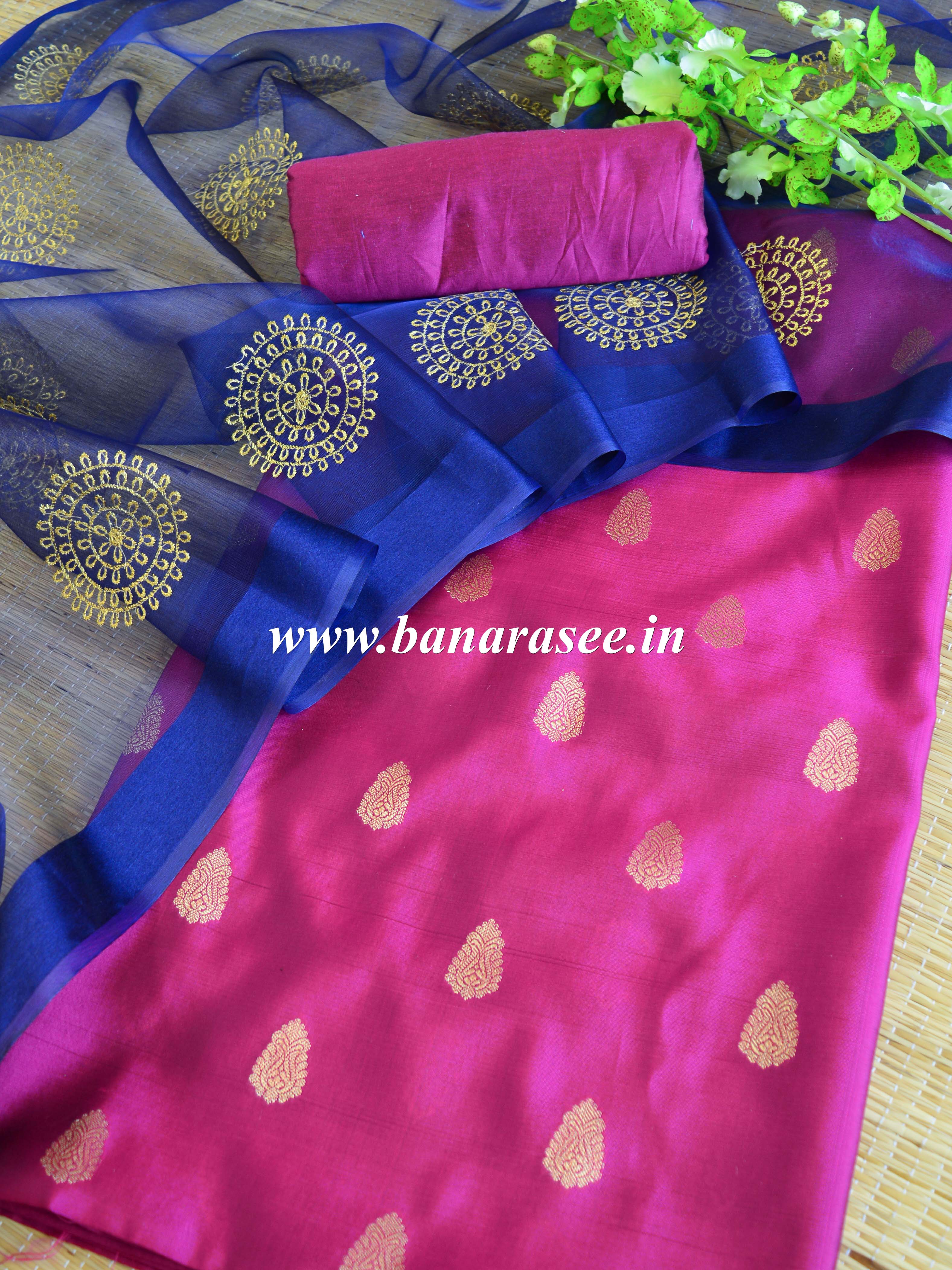 Banarasee Brocade Salwar Kameez Fabric With Organza Dupatta-Pink & Blue