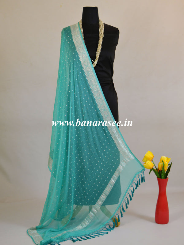 Banarasee Handwoven Pure Chiffon Dupatta Buti Design In Silver Zari-Sea Green