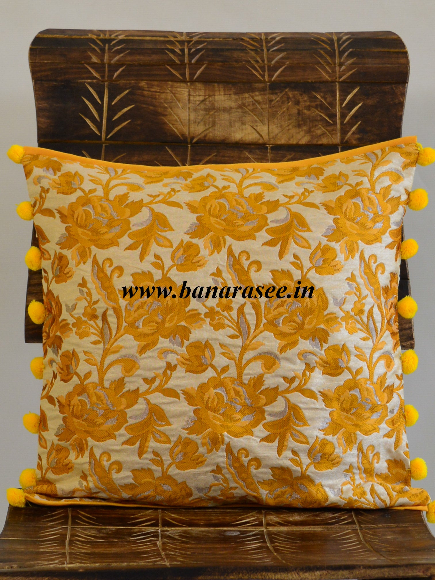 Banarasee Resham Brocade Piping & Pom-Pom Detail Cushion Cover-Beige & Yellow