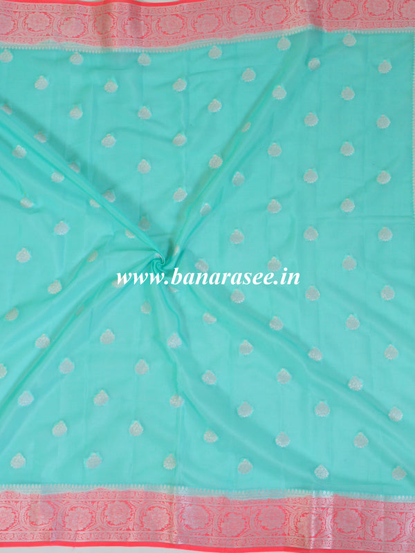 Banarasee Pure Chiffon Sari Silver Buti & Coral Border-Sea Green