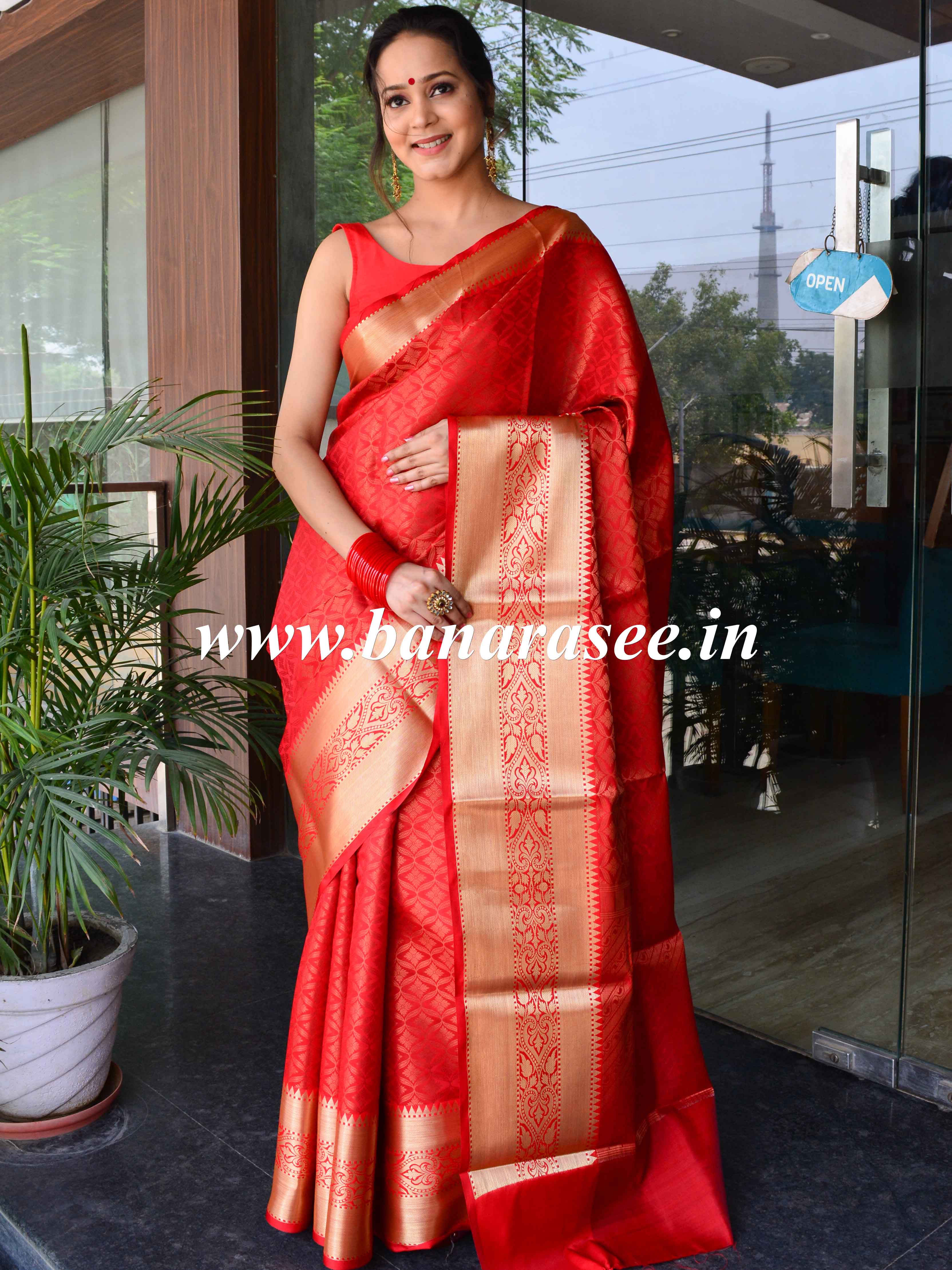 Banarasee Handwoven Semi Silk Saree With Copper Zari Jaal & Border-Red