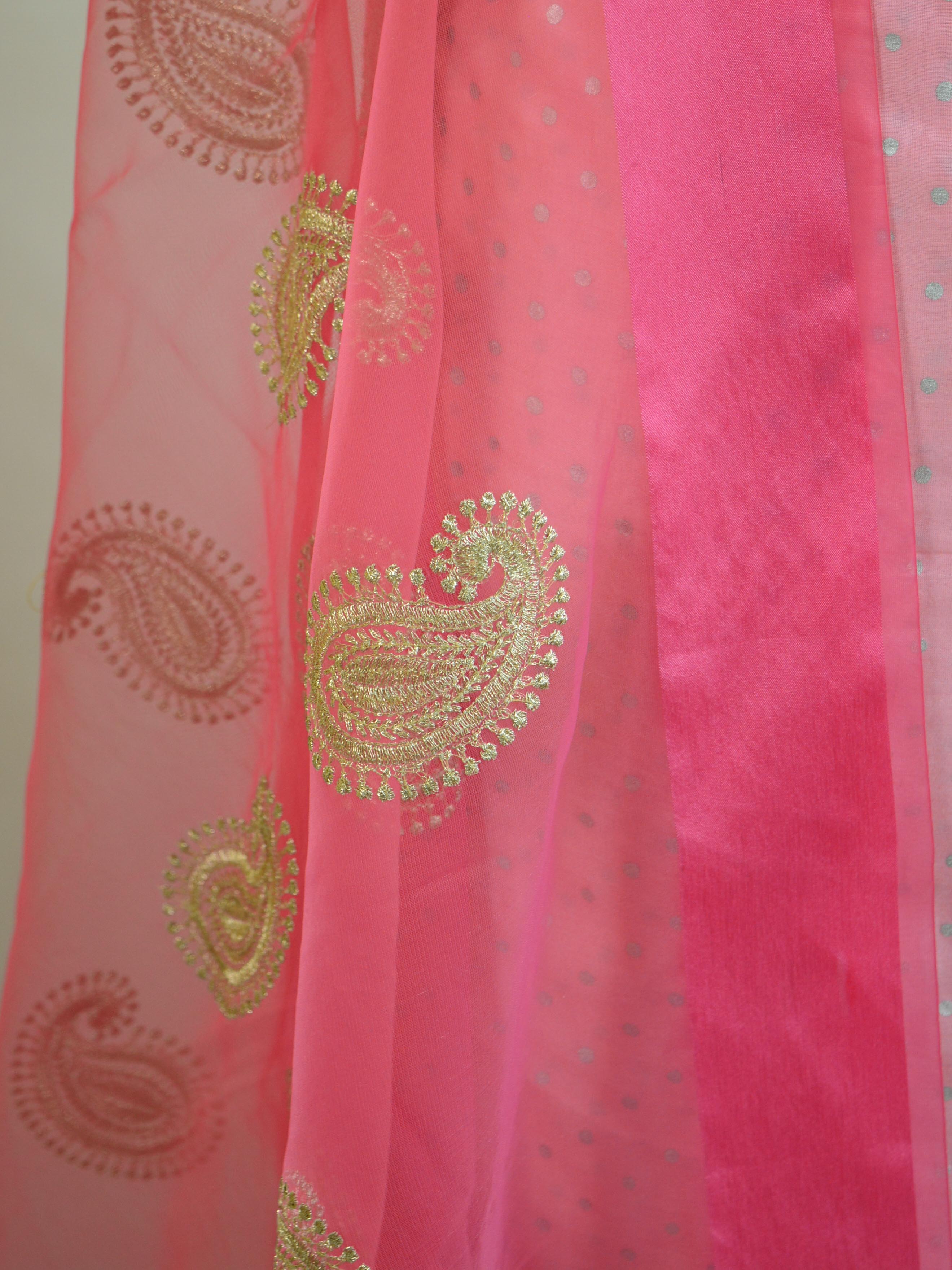 Banarasee Chanderi Salwar Kameez  Silver Buti Fabric With Organza Dupatta-Pink