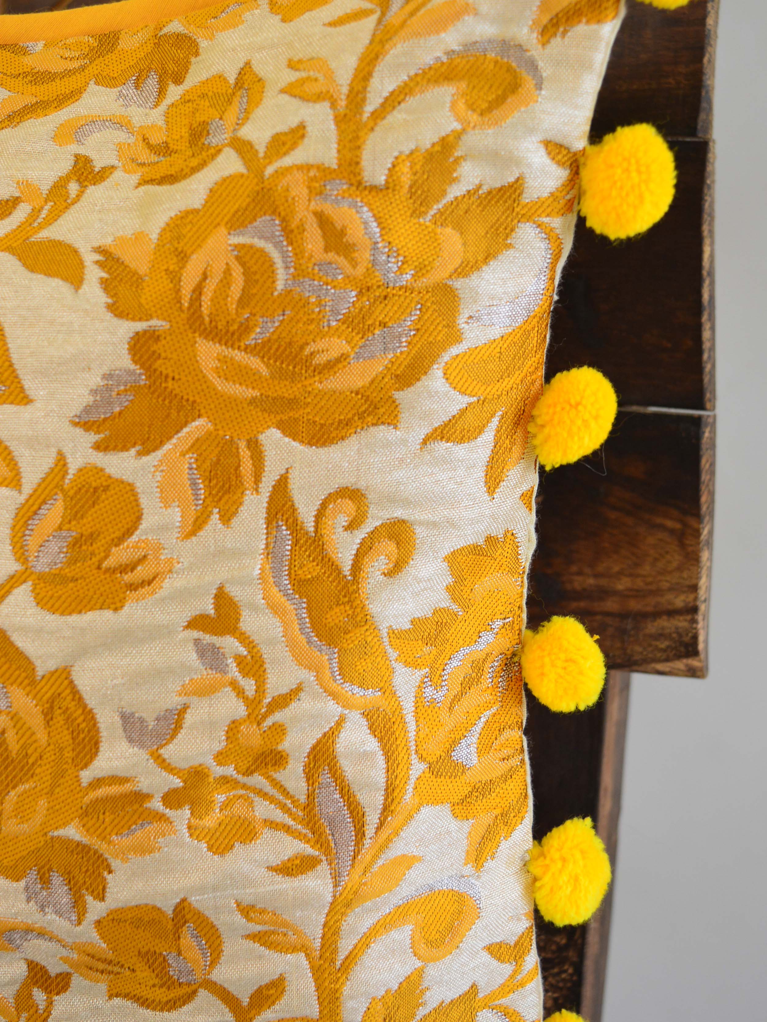 Banarasee Resham Brocade Piping & Pom-Pom Detail Cushion Cover-Beige & Yellow