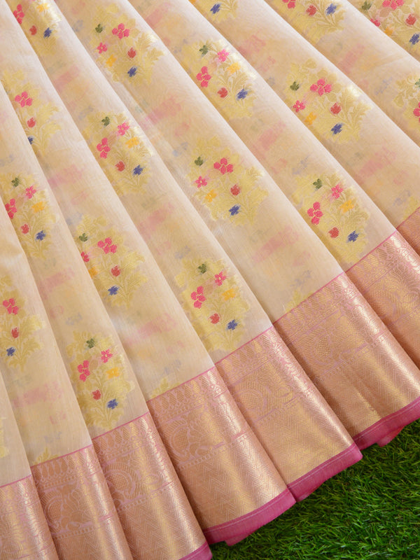 Banarasee Chanderi Cotton Floral Buta Zari Border Saree-Ivory White