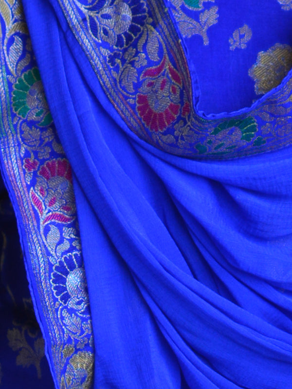 Banarasee Salwar Kameez Semi Katan Silk Zari Buti Fabric With Chiffon Dupatta-Royal Blue
