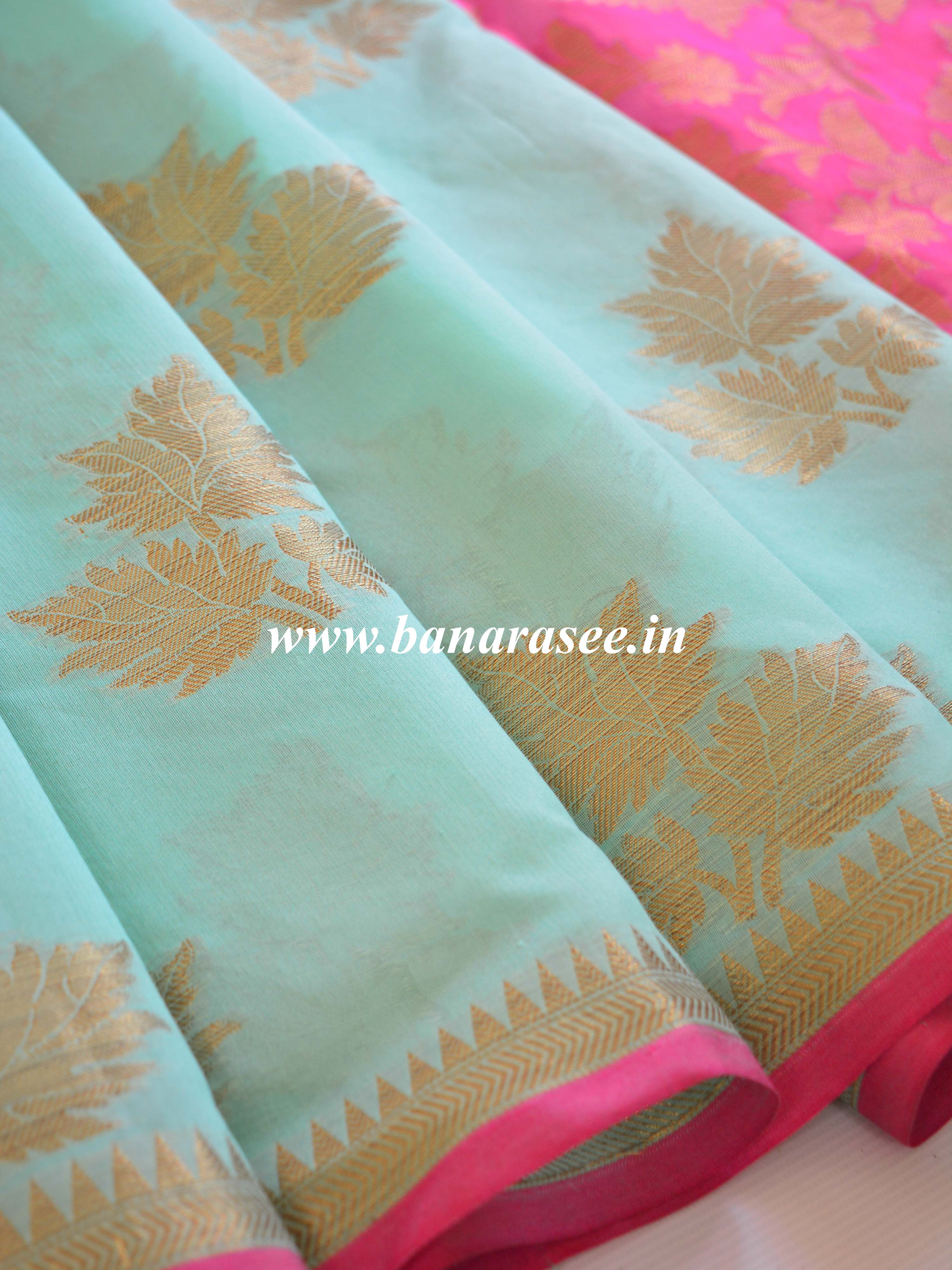 Banarasee Cotton Silk Mix Saree With Zari Leaf Buta-Sea Green