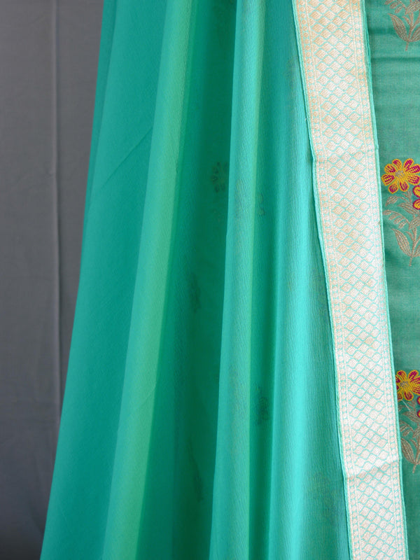 Banarasee Salwar Kameez Semi Katan Silk Fabric With Zari & Resham Design & Chiffon Dupatta-Sea Green