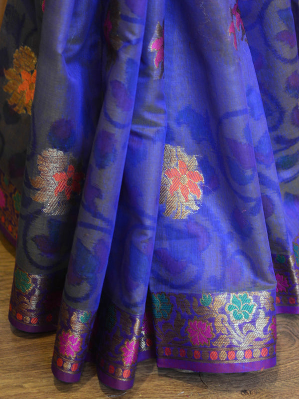 Banarasee Cotton Silk Mix Saree With Hand Printed Floral Design & Zari Border-Blue