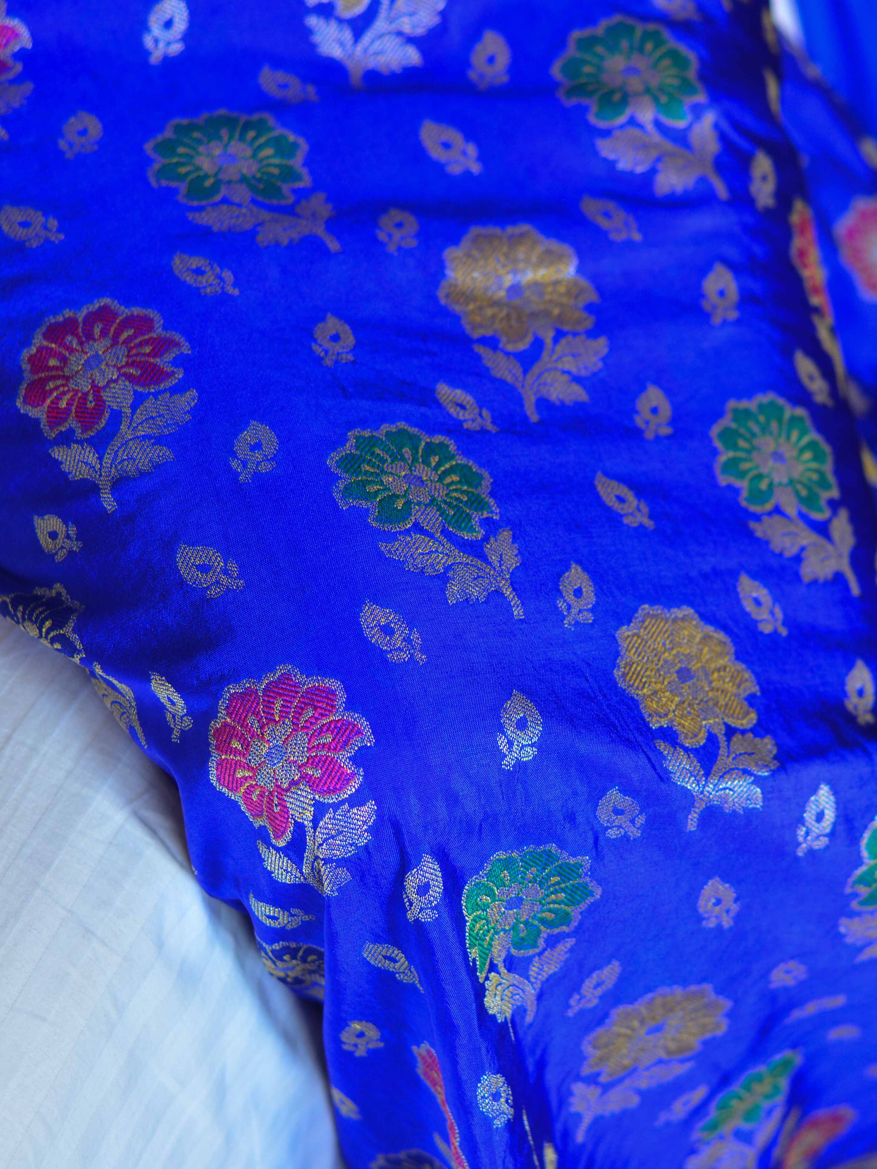 Banarasee Salwar Kameez Semi Katan Silk Zari Buti Fabric With Chiffon Dupatta-Royal Blue
