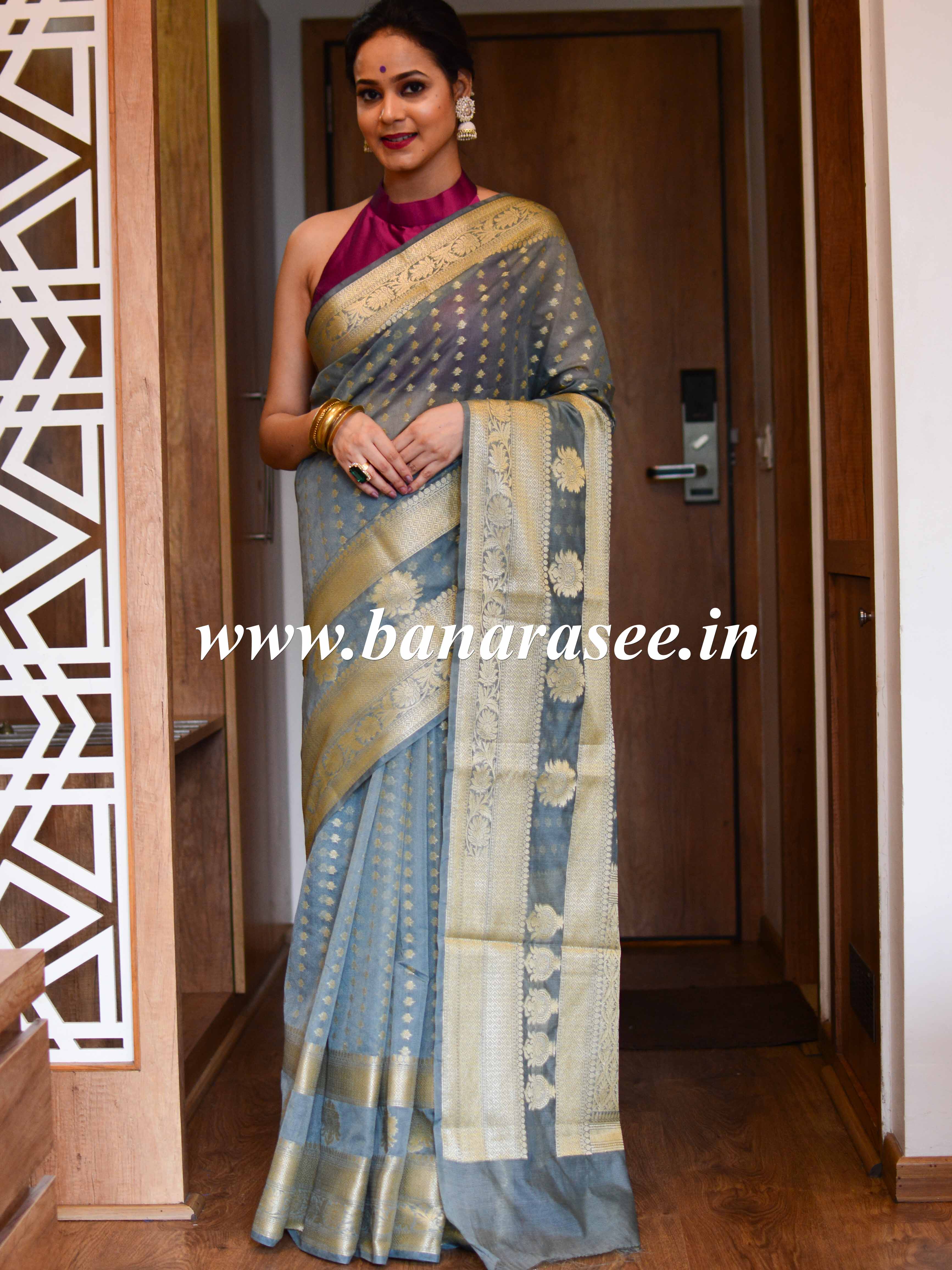 Banarasee Handwoven Semi-Chiffon Saree With Floral Border & Buti-Grey