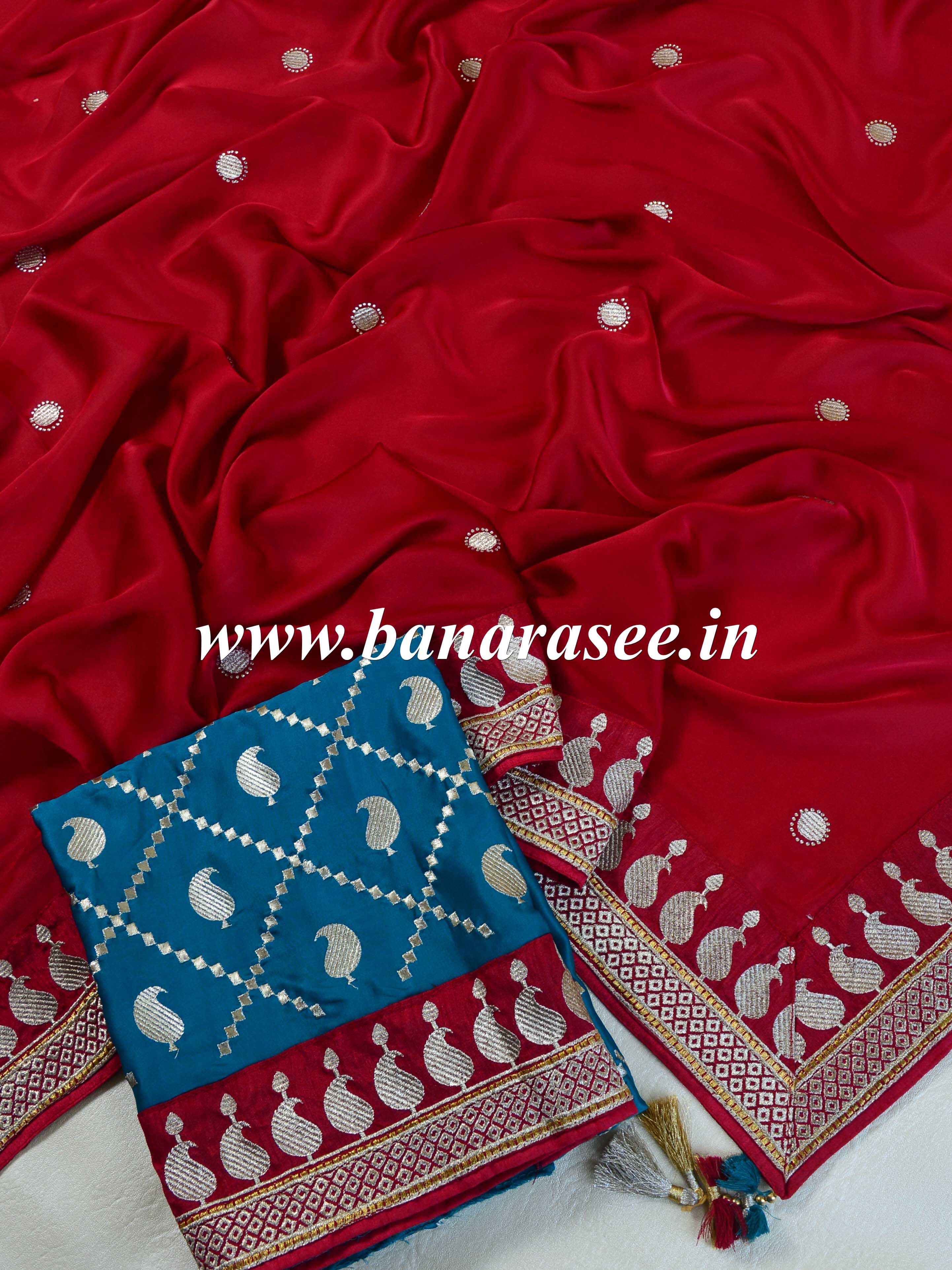 Banarasee Handwoven Satin Silk Embroidered Saree With Contrast Embroidered Blouse-Deep Red
