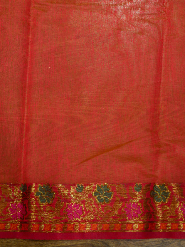 Banarasee Cotton Silk Mix Saree With Hand Printed Floral Design & Zari Border-Blue