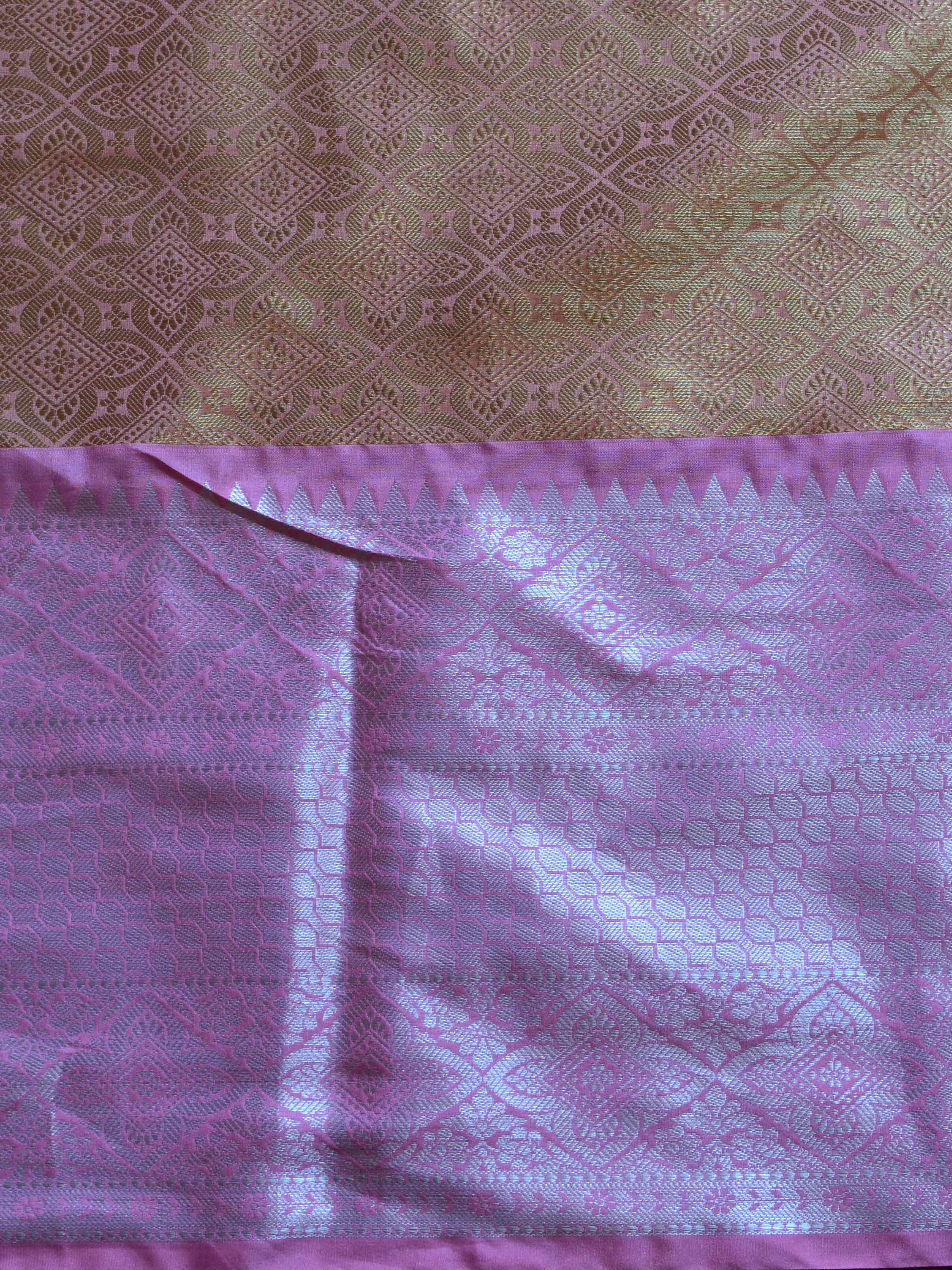 Banarasee Handwoven Contrast Border Tissue Saree With Self Weaving Design-Gold