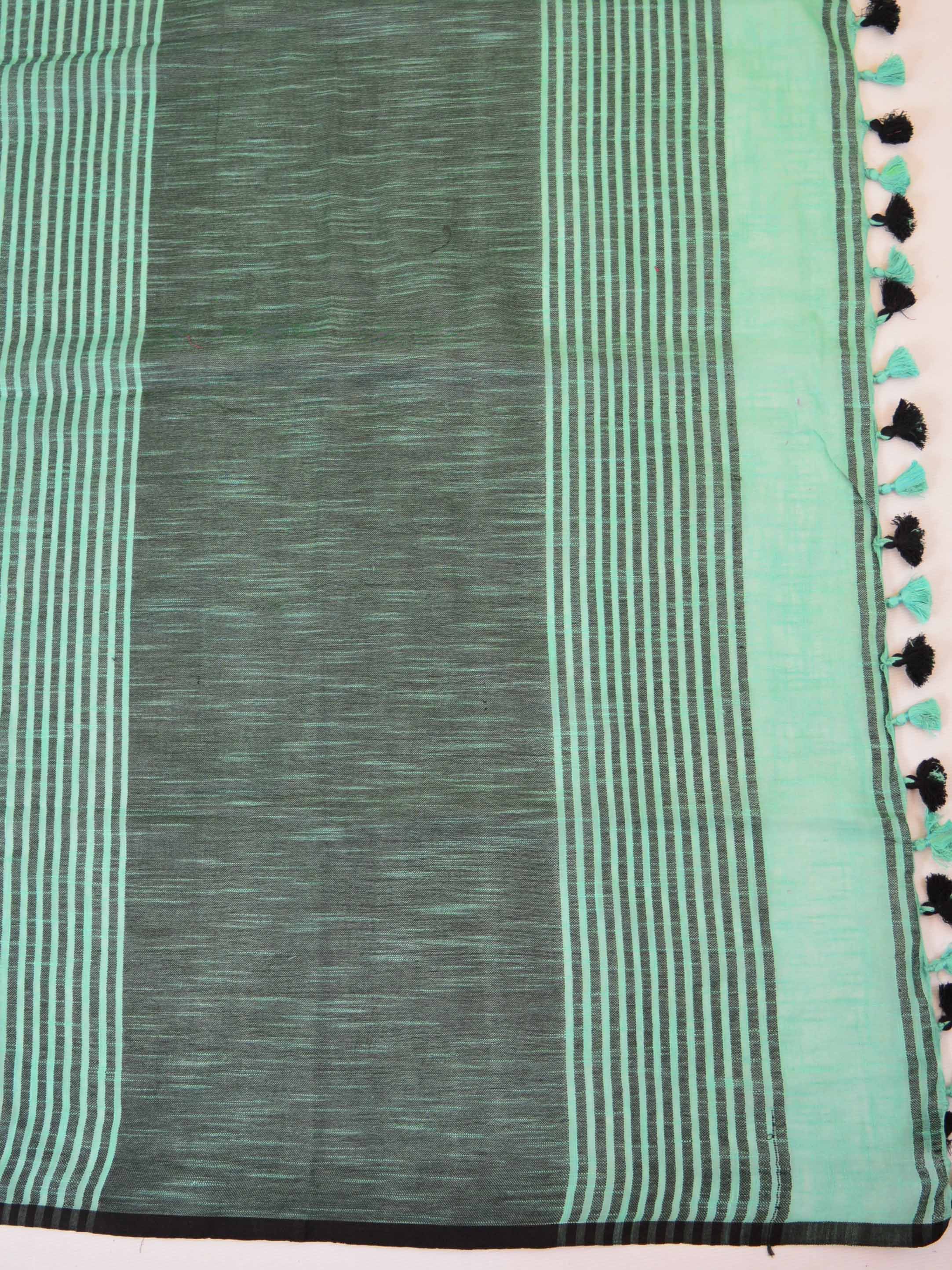 Banarasee Handloom Khadi Black Border Saree With Black Blouse-Sea Green