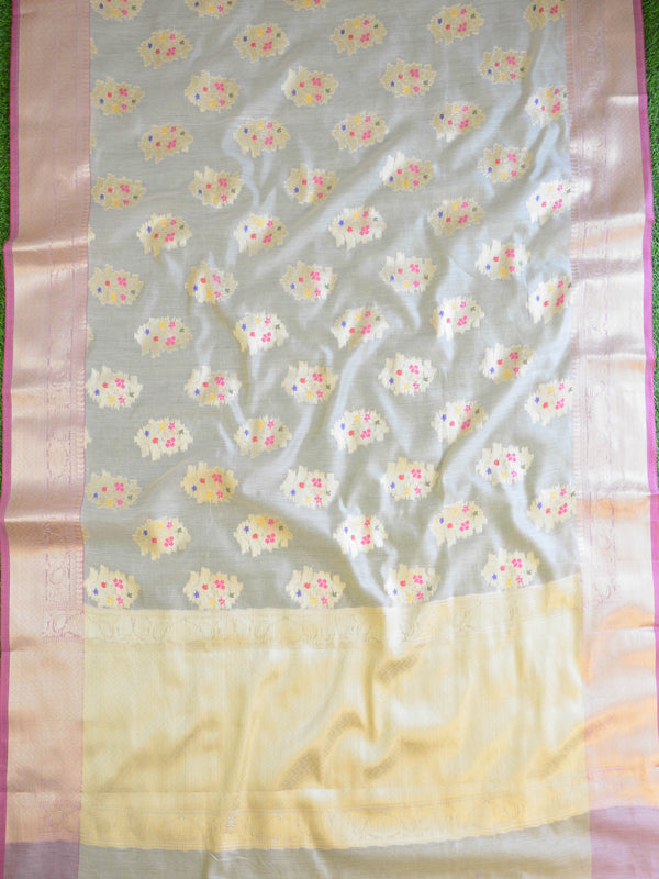 Banarasee Chanderi Cotton Floral Buta Zari Border Saree-Ivory White