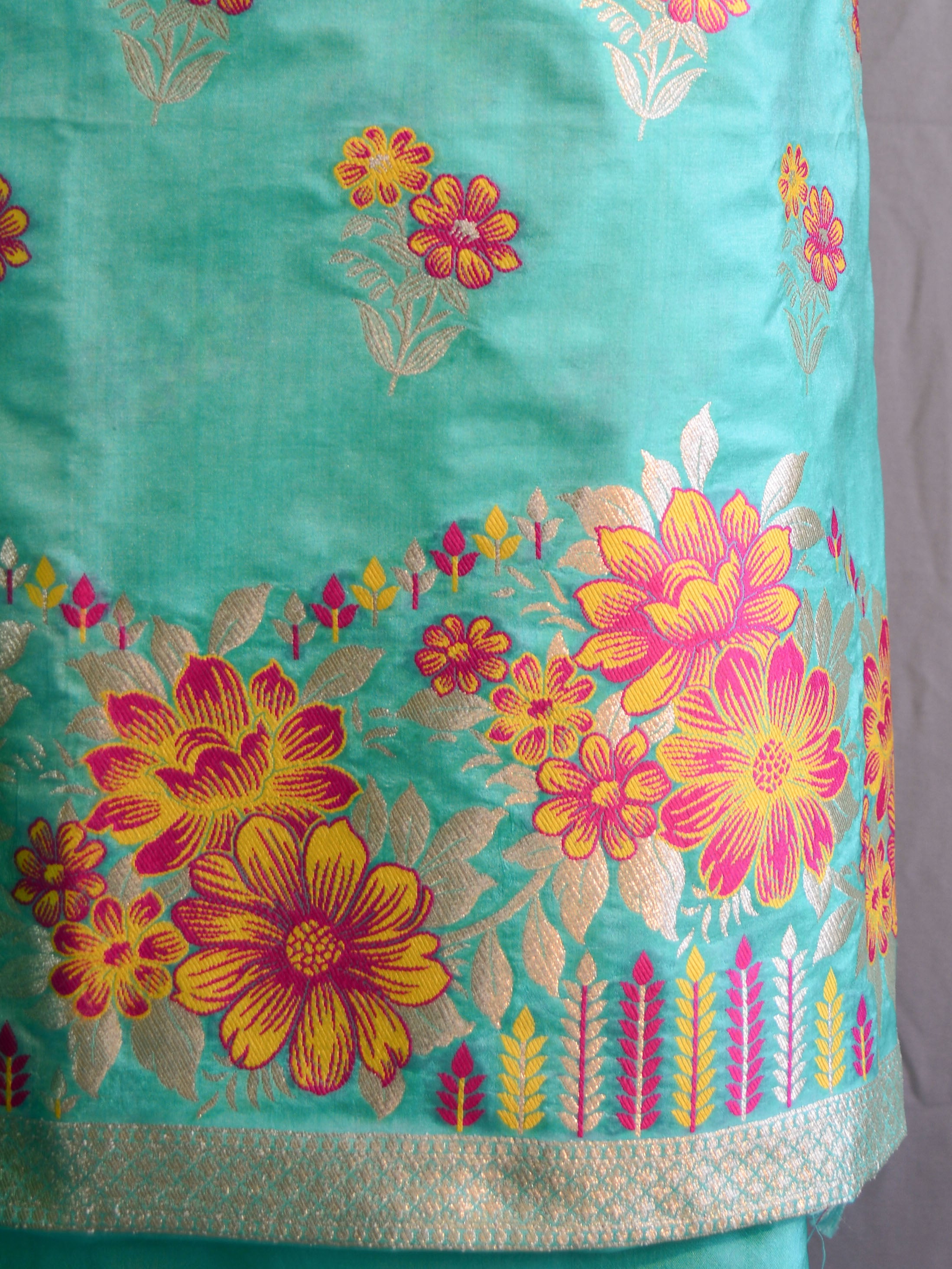 Banarasee Salwar Kameez Semi Katan Silk Fabric With Zari & Resham Design & Chiffon Dupatta-Sea Green