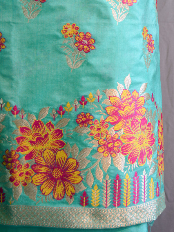 Banarasee Salwar Kameez Semi Katan Silk Fabric With Zari & Resham Design & Chiffon Dupatta-Sea Green