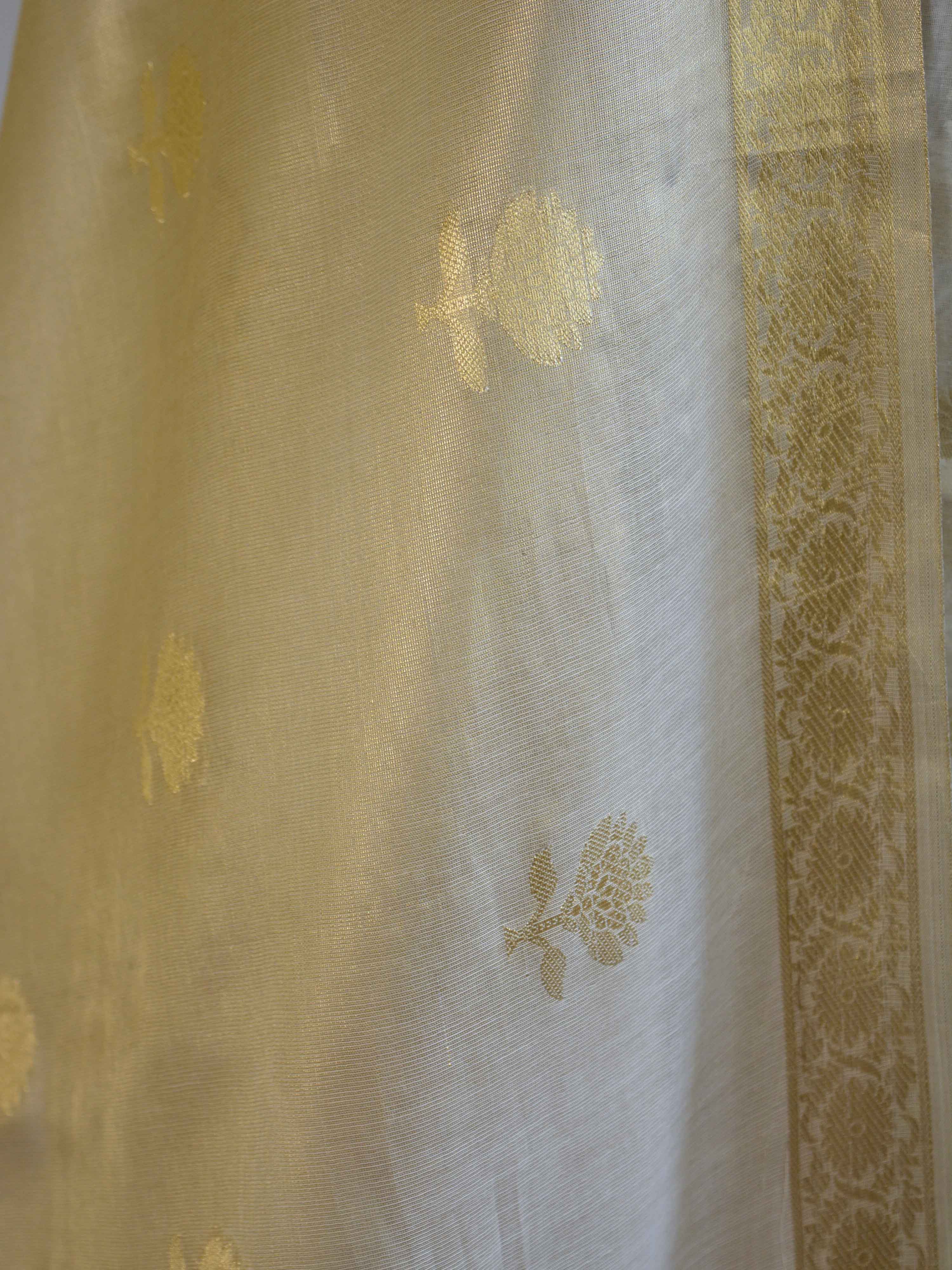 Banarasee Pure Handloom Chanderi Salwar Kameez Fabric With Gold Tissue Dupatta-White