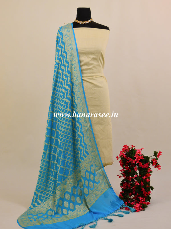 Banarasee Handwoven Pure Chiffon Dupatta In Zari Jaal Design-Turquoise Blue