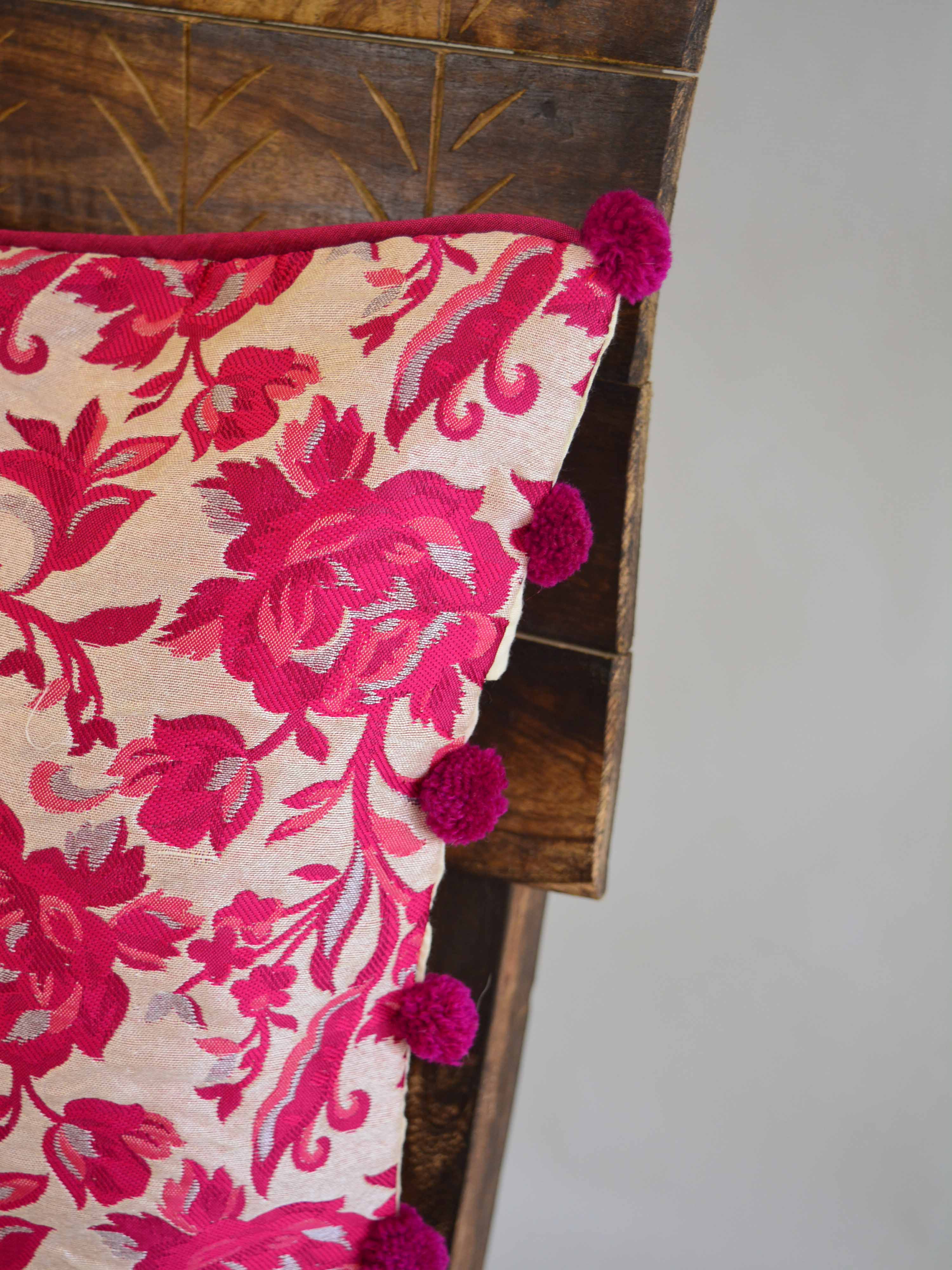 Banarasee Resham Brocade Piping & Pom-Pom Detail Cushion Cover-Beige & Pink