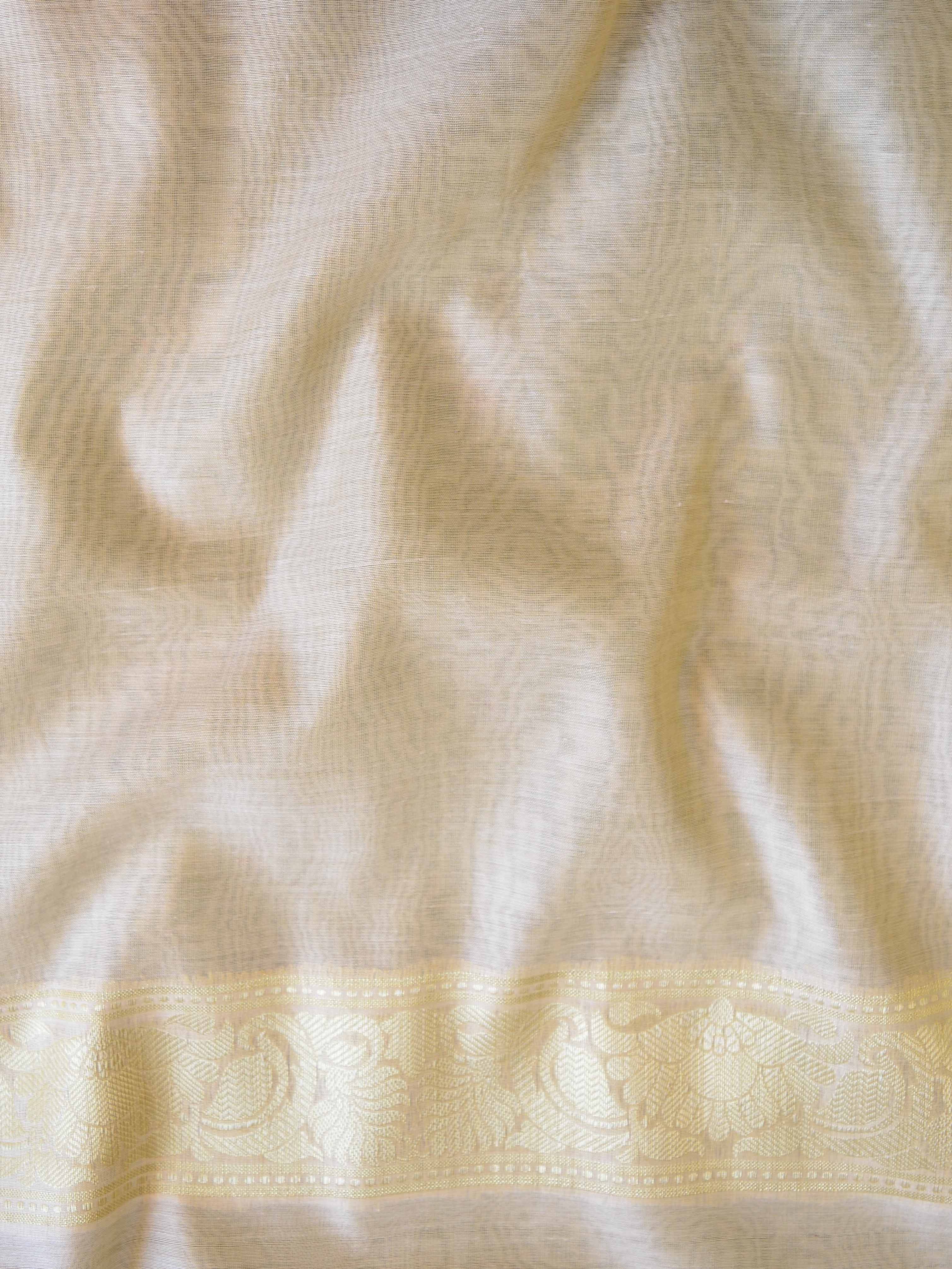Banarasee Chanderi Cotton Floral Buta Zari Border Saree-Ivory White