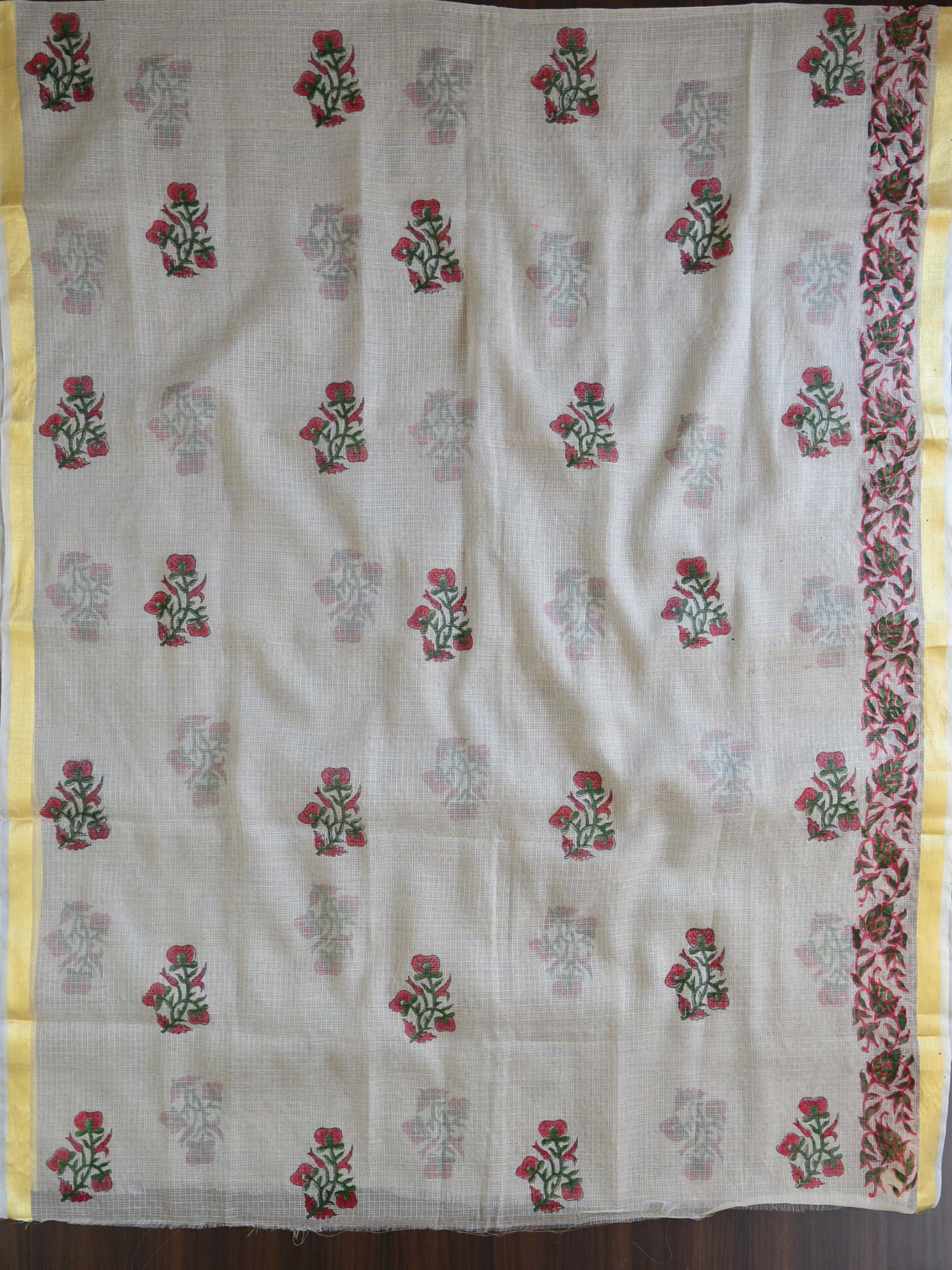 Kota Doria Block Printed Salwar Kameez Dupatta Set-White