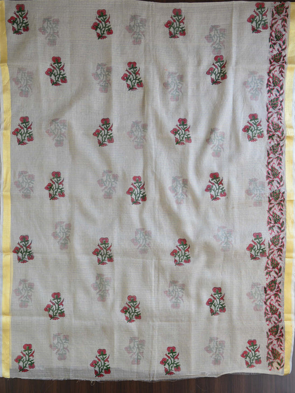 Kota Doria Block Printed Salwar Kameez Dupatta Set-White