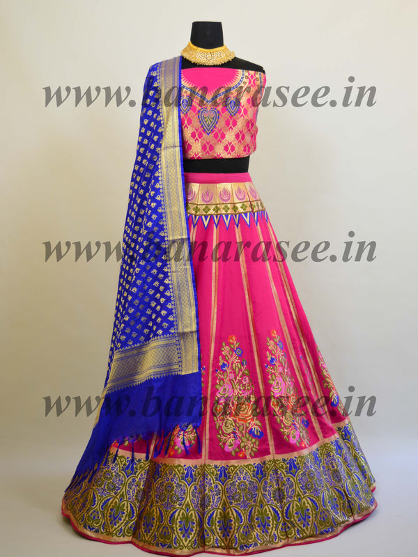 Banarasee Handwoven Art Silk Unstitched Lehenga & Blouse Fabric With Meena Work-Hot Pink