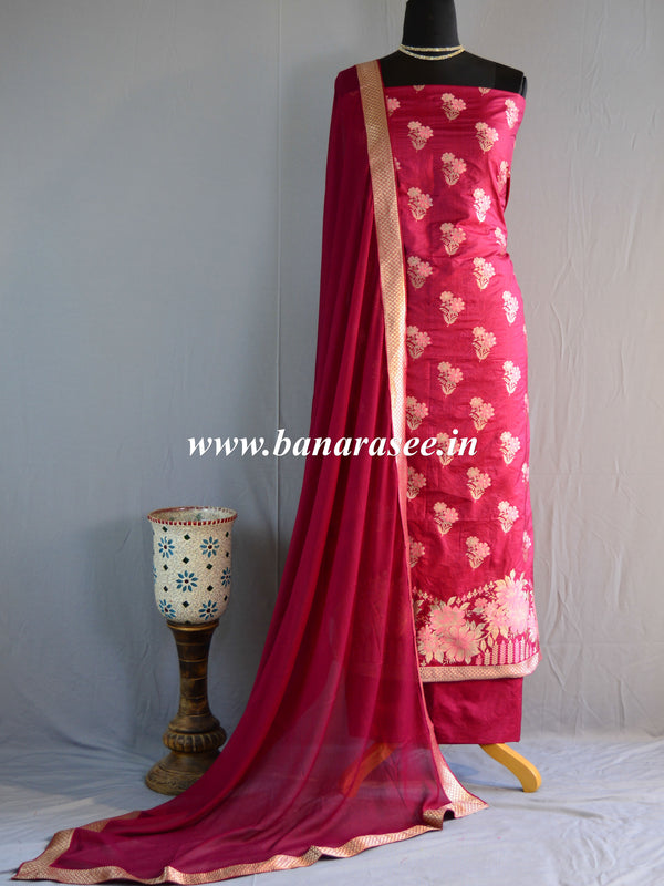 Banarasee Salwar Kameez Semi Katan Silk Fabric With Zari & Resham Design & Chiffon Dupatta-Maroon