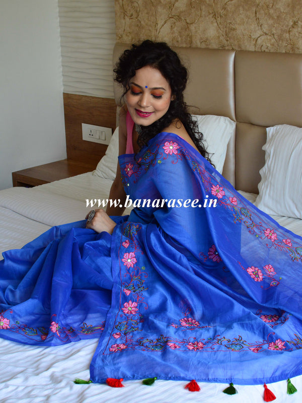 Banarasee Chanderi Cotton Hand-Embroidered Saree-Royal Blue