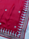 Banarasee Handwoven Satin Silk Embroidered Saree With Contrast Embroidered Blouse-Deep Red