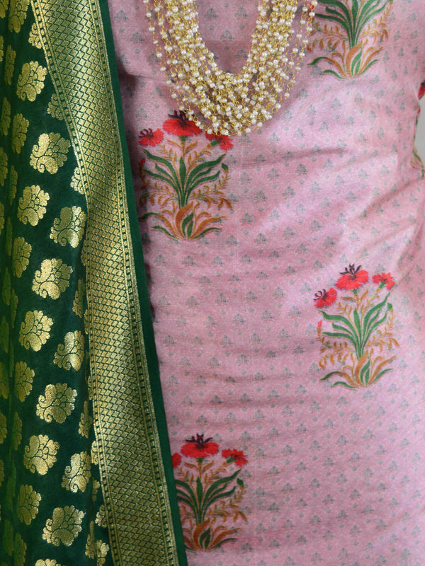 Banarasee Digital Print Semi Silk Salwar Kameez Set With Green Zari Dupatta-Salmon Pink