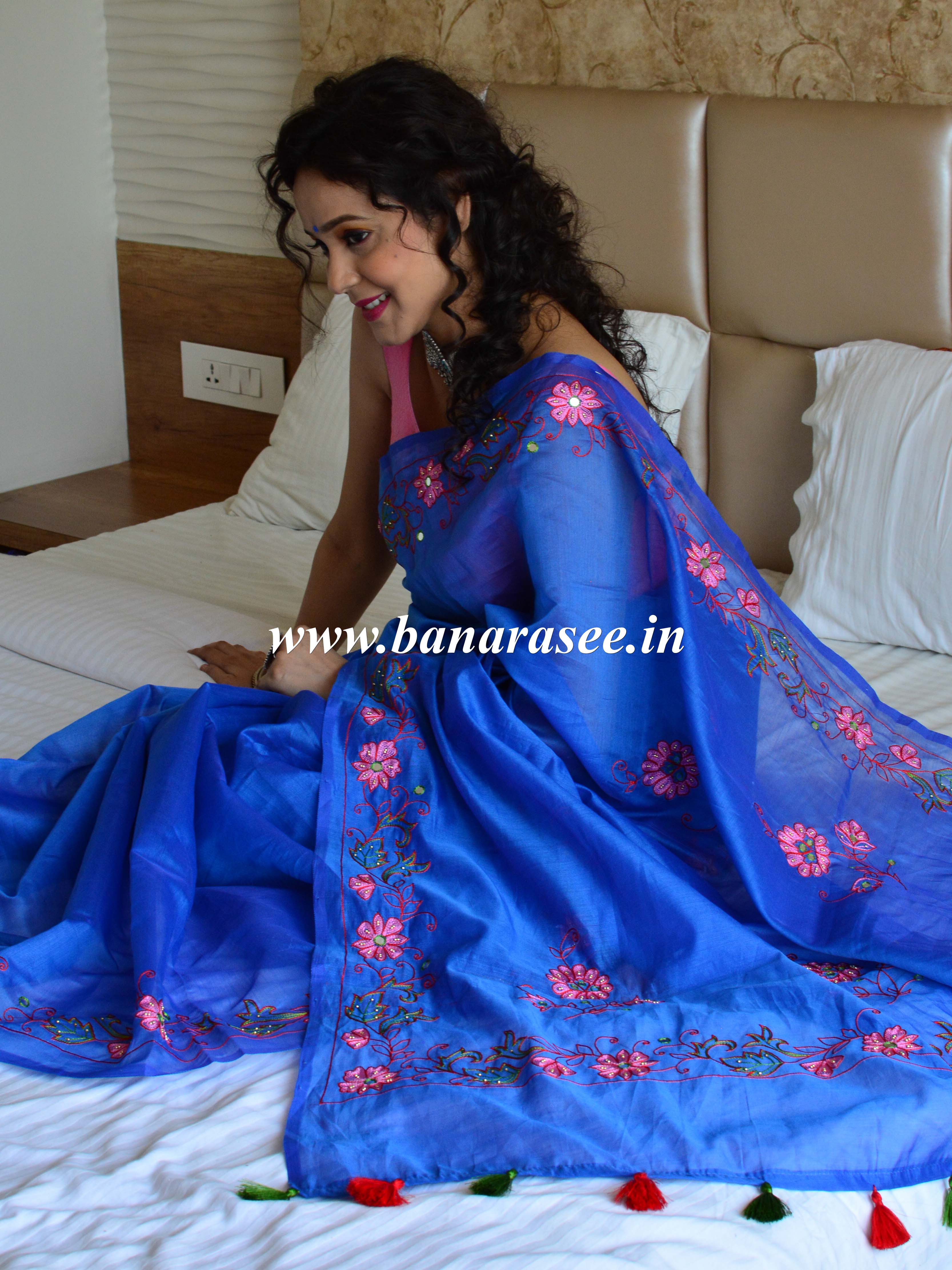 Banarasee Chanderi Cotton Hand-Embroidered Saree-Royal Blue