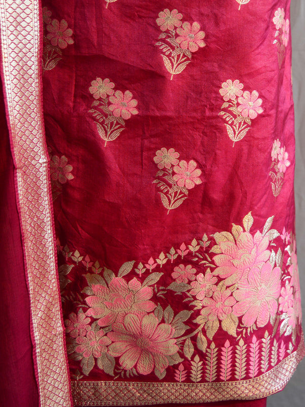 Banarasee Salwar Kameez Semi Katan Silk Fabric With Zari & Resham Design & Chiffon Dupatta-Maroon