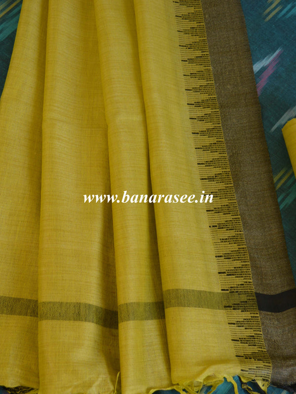 Bhagalpuri Pure Ikkat Salwar Kameez Set With Yellow Linen Dupatta-Teal Green