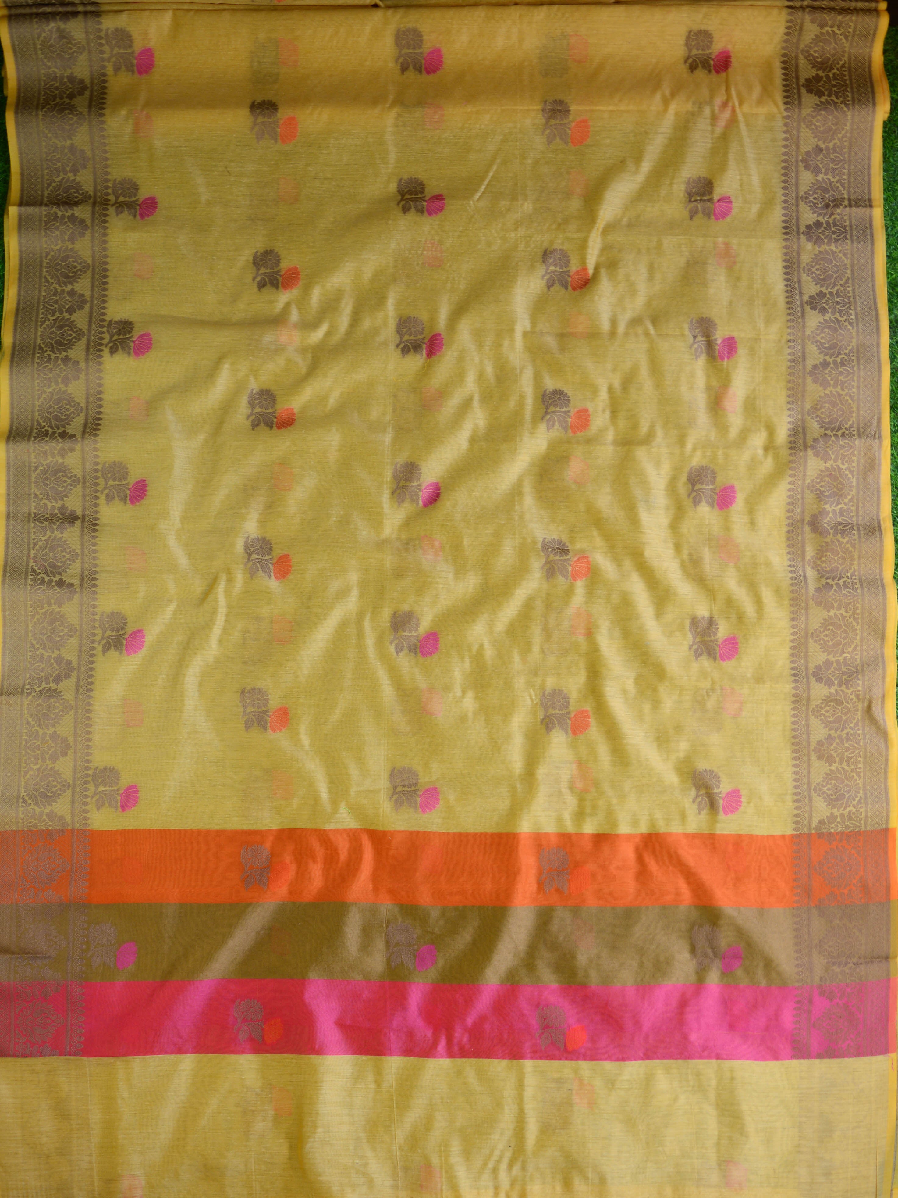 Banarasee Chanderi Cotton Saree With Resham Buti & Border-Beige