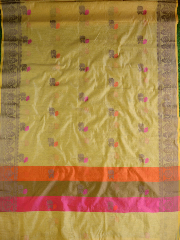 Banarasee Chanderi Cotton Saree With Resham Buti & Border-Beige