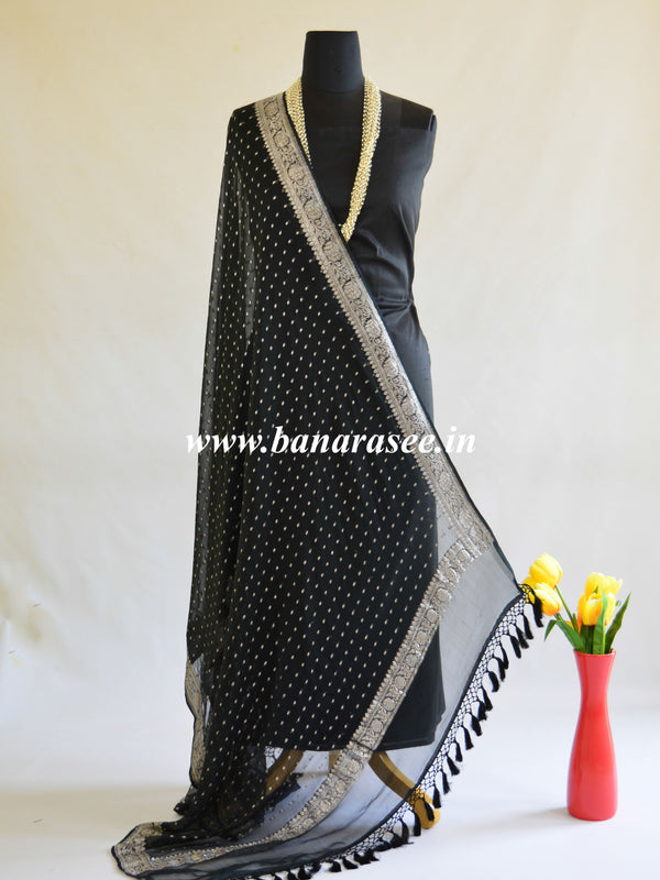 Banarasee Handwoven Pure Chiffon Dupatta Buti Design In Silver Zari-Black