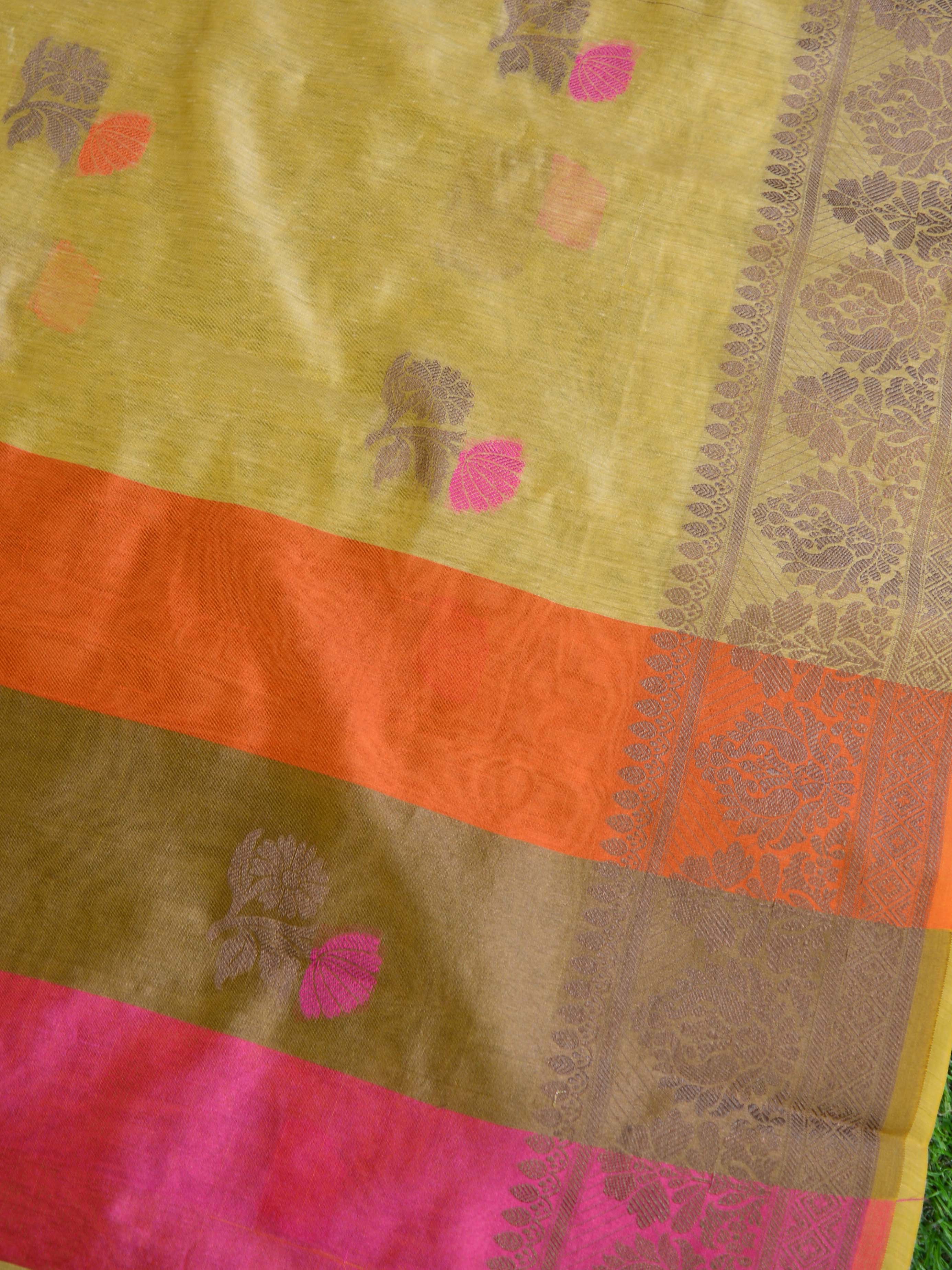 Banarasee Chanderi Cotton Saree With Resham Buti & Border-Beige