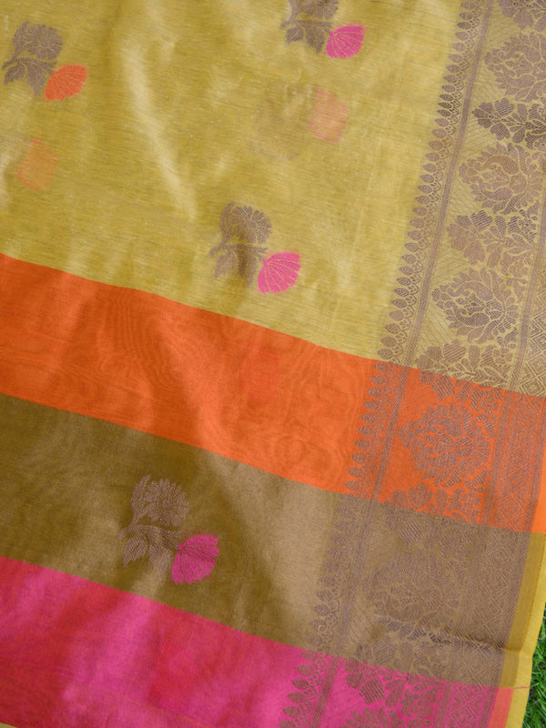 Banarasee Chanderi Cotton Saree With Resham Buti & Border-Beige